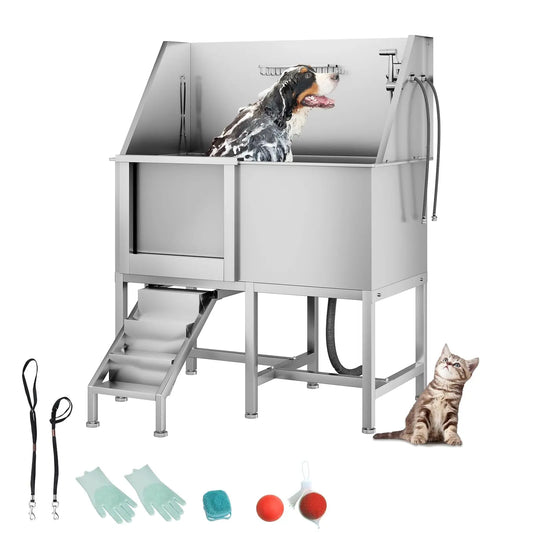 Pet Dog Bathing Station Stainless Steel Dog Bathtub With Ramp Floor Grate Dog Bath Brush Washing Gloves for Home Dog Washing