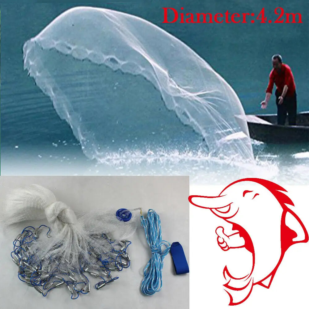 14ft Hand Cast Fishing Net with Diffuser Bait Dense Mesh Durable Hollow Sinker Full Spread 4.2M Mesh