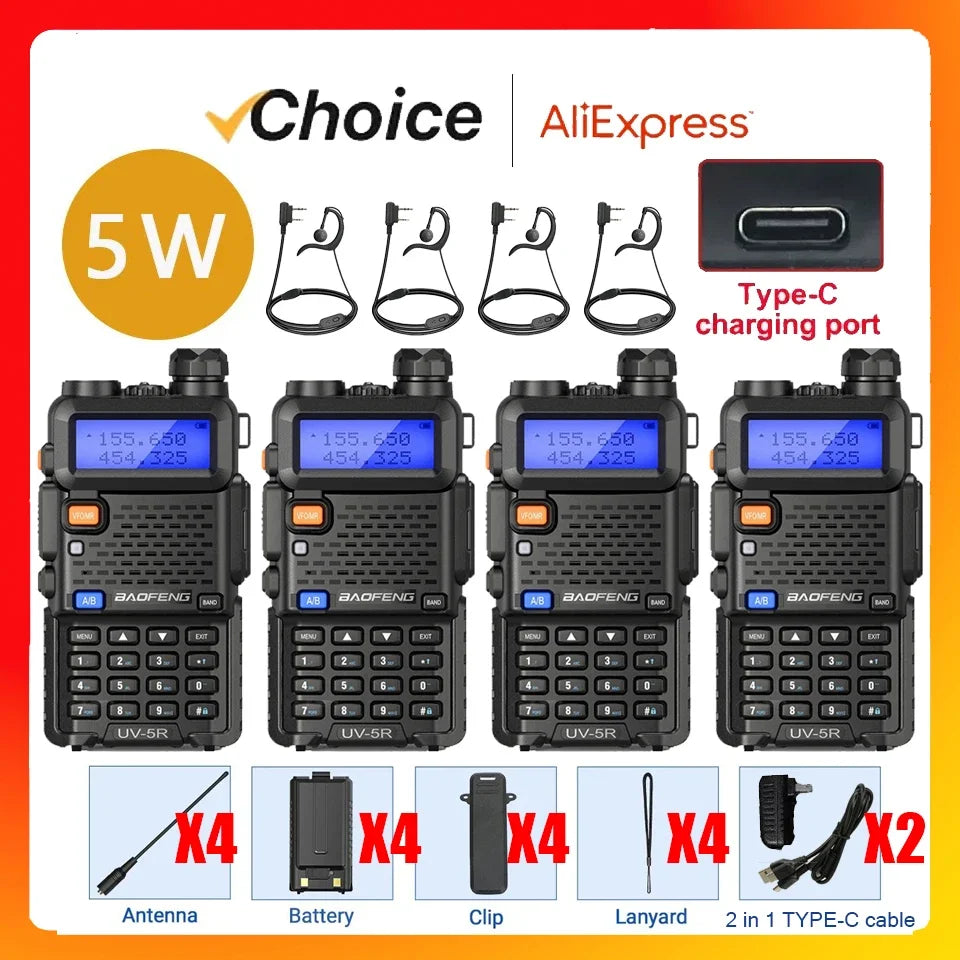 4Pcs Baofeng UV-5R 5W Tri Power Walkie Talkie High Power Dual Band Long Range Portable Handheld Radio