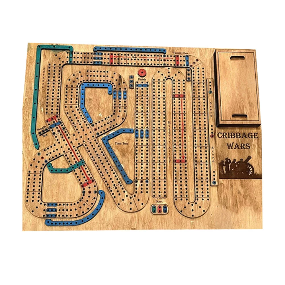 Wooden Cribbage Wars Board Game Set with Built-In Storage Compartment for Pegs Fun Family Table Game