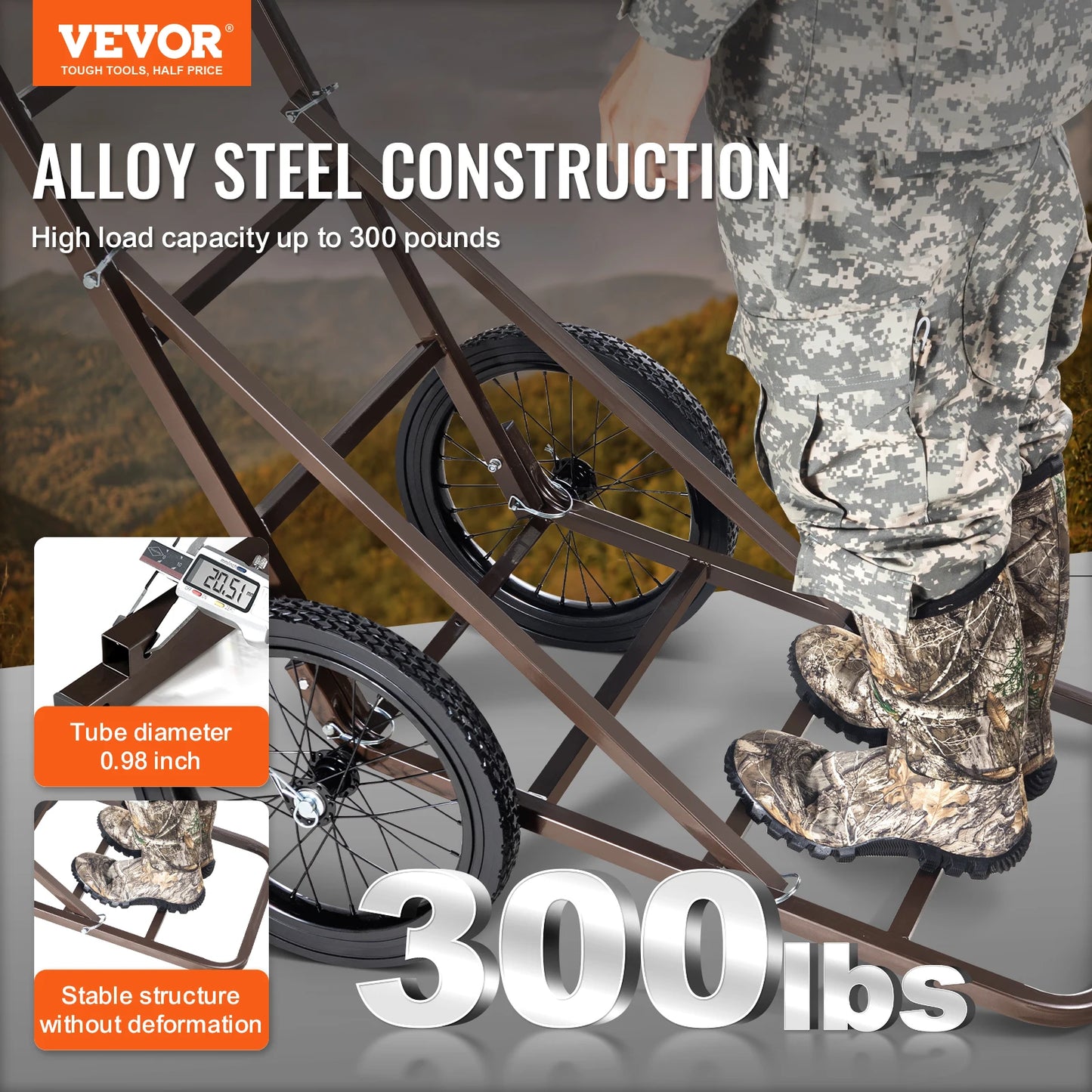 VEVOR Deer Cart 300 Pounds Capacity Folding Game Cart Heavy Duty Accessories Utility Gear Dolly for Hunting Fishing Hiking