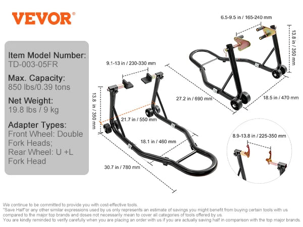 VEVOR Motorcycle Stand Lift 850 Pounds Front Rear Combo Heavy Duty Fork Stand
