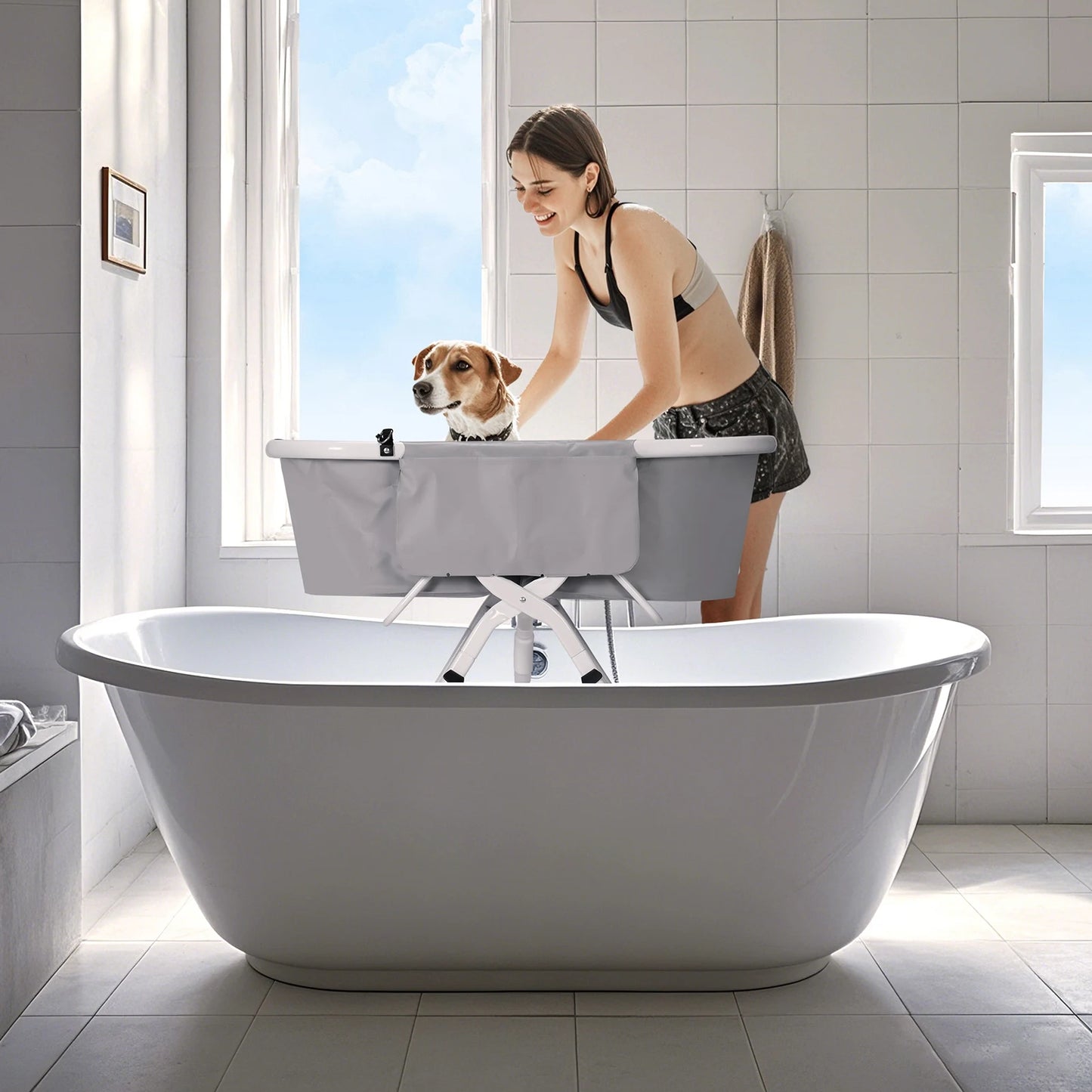 Portable Dog Bathtub with Stand, Collapsible Pet Tub for Indoor/Outdoor Use - Lightweight & Non-Slip Base (Grey)