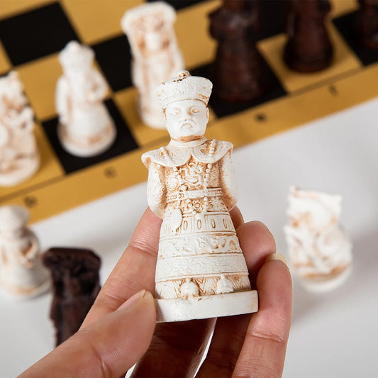 New Big Vintage 3D Qing Army Chess Set with Leather Chessboard and Gypsum Resin Game Pieces Box 40x19cm