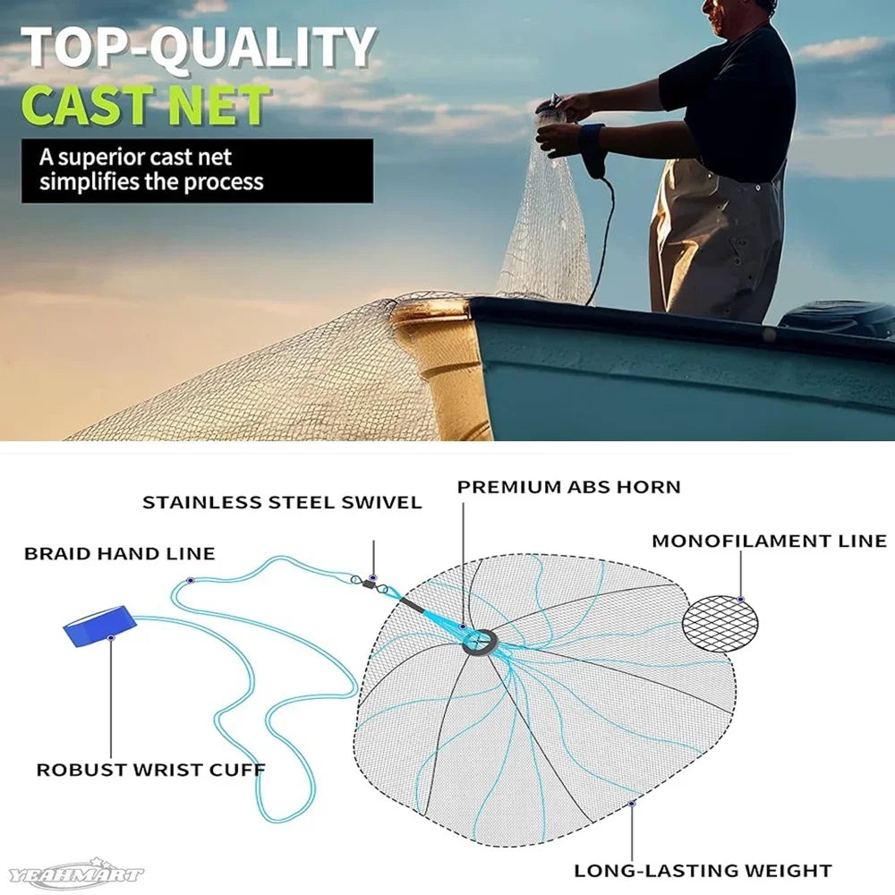 American Saltwater Fishing Cast Net for Bait Trap Fish 3 to 10 Foot Radius Heavy Duty Zinc Sinker Weight