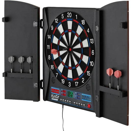 Fat Cat Electronx Electronic Dartboard Compact Size Over 35 Games with 167 Options Built-In Cabinet and Dart Storage