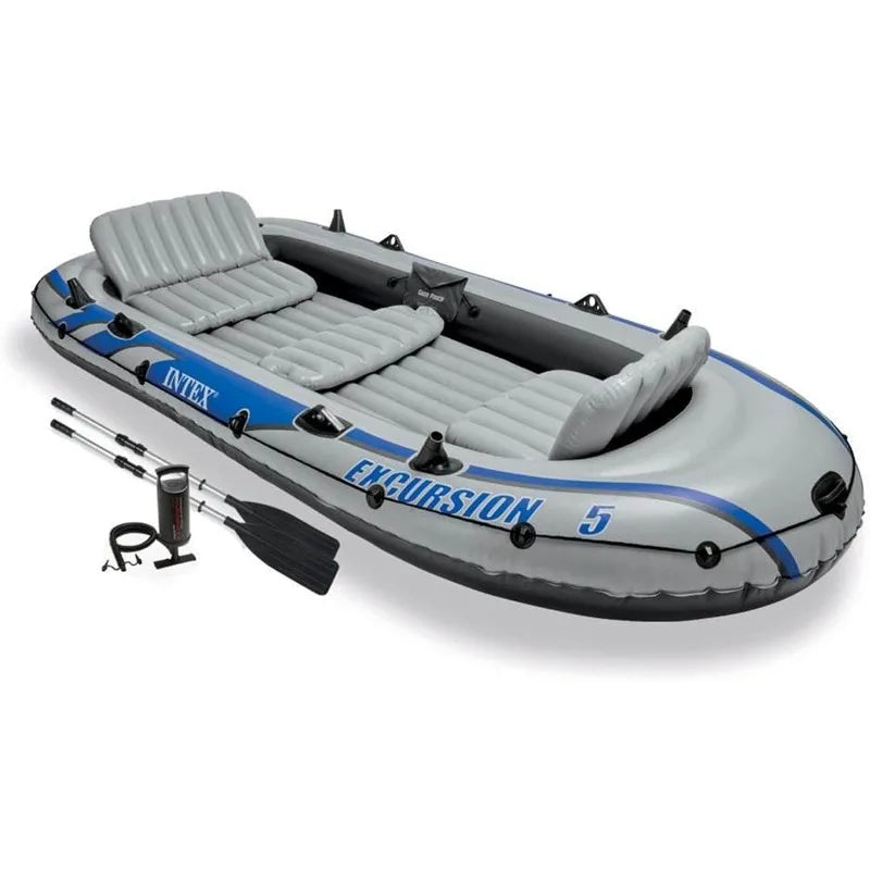 Intex Excursion 5 Person Inflatable Fishing Raft Boat Set with 2 Aluminum Oars and Air Pump