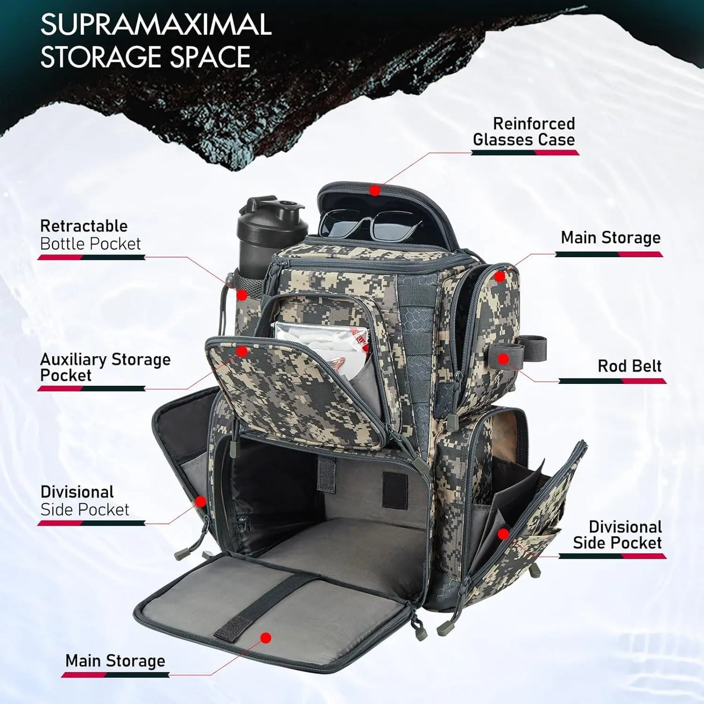 Fishing Tackle Backpack with Four Trays Large Outdoor Storage Bag with Protective Rain Cover for Fishing Gear