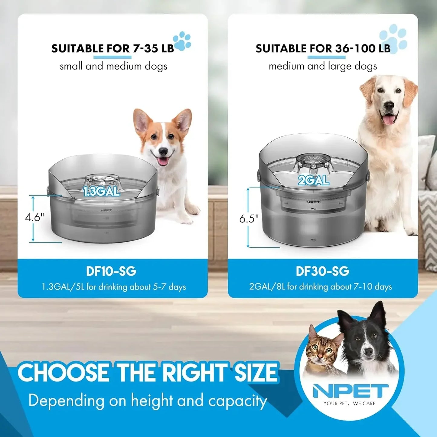 NPET Dog Water Fountain, 2 Gallon/270oz/8L Large Automatic Dog Water Dispenser with Splatter Guard for Large Dogs Multiple Pets