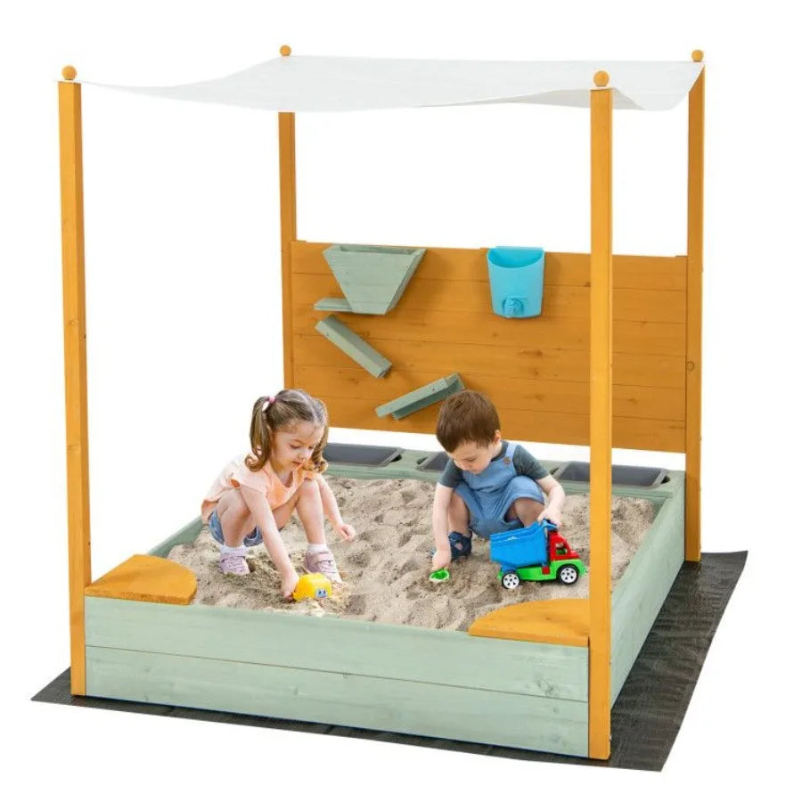 Sandbox with Sand Wall and Removable Canopy for Ages 3 and Up