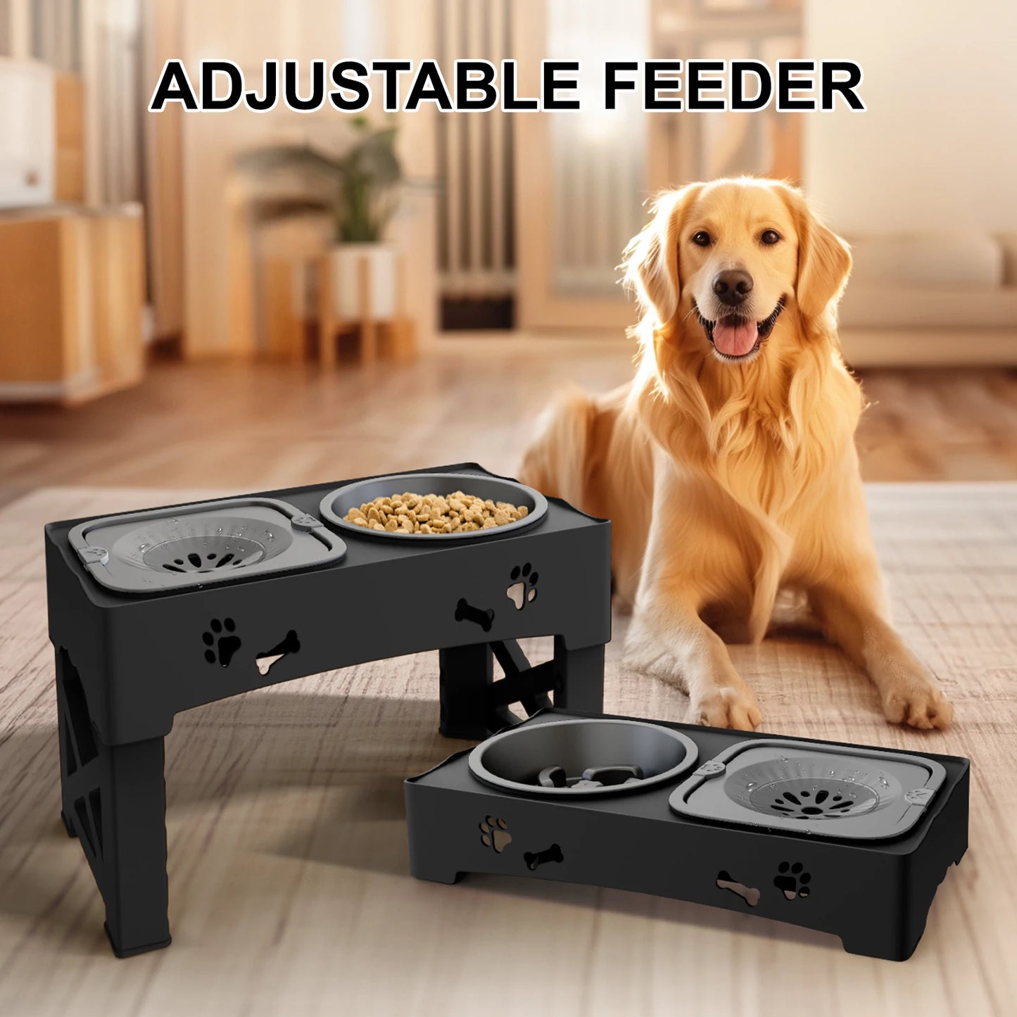 3 In 1 Pet Feeder Slow Feed Bowls Double Bowls Foldable With 5 Adjustable Heights Suitable For Different Sized Pets