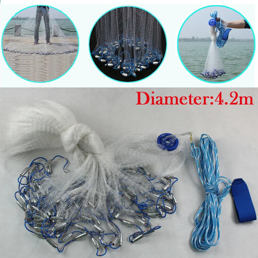 14ft Hand Cast Fishing Net with Diffuser Bait Dense Mesh Durable Hollow Sinker Full Spread 4.2M Mesh