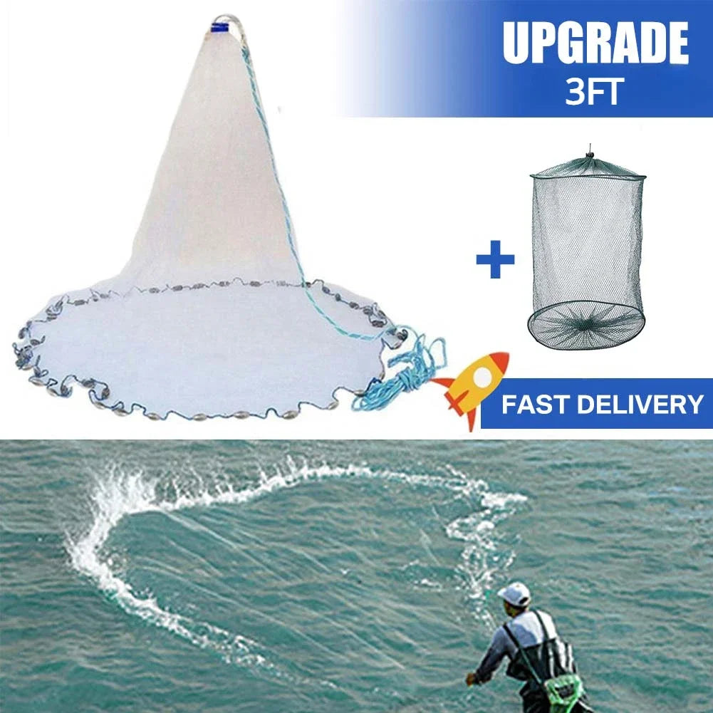American Saltwater Fishing Cast Net for Bait Trap Fish 3 to 10 Foot Radius Heavy Duty Zinc Sinker Weight