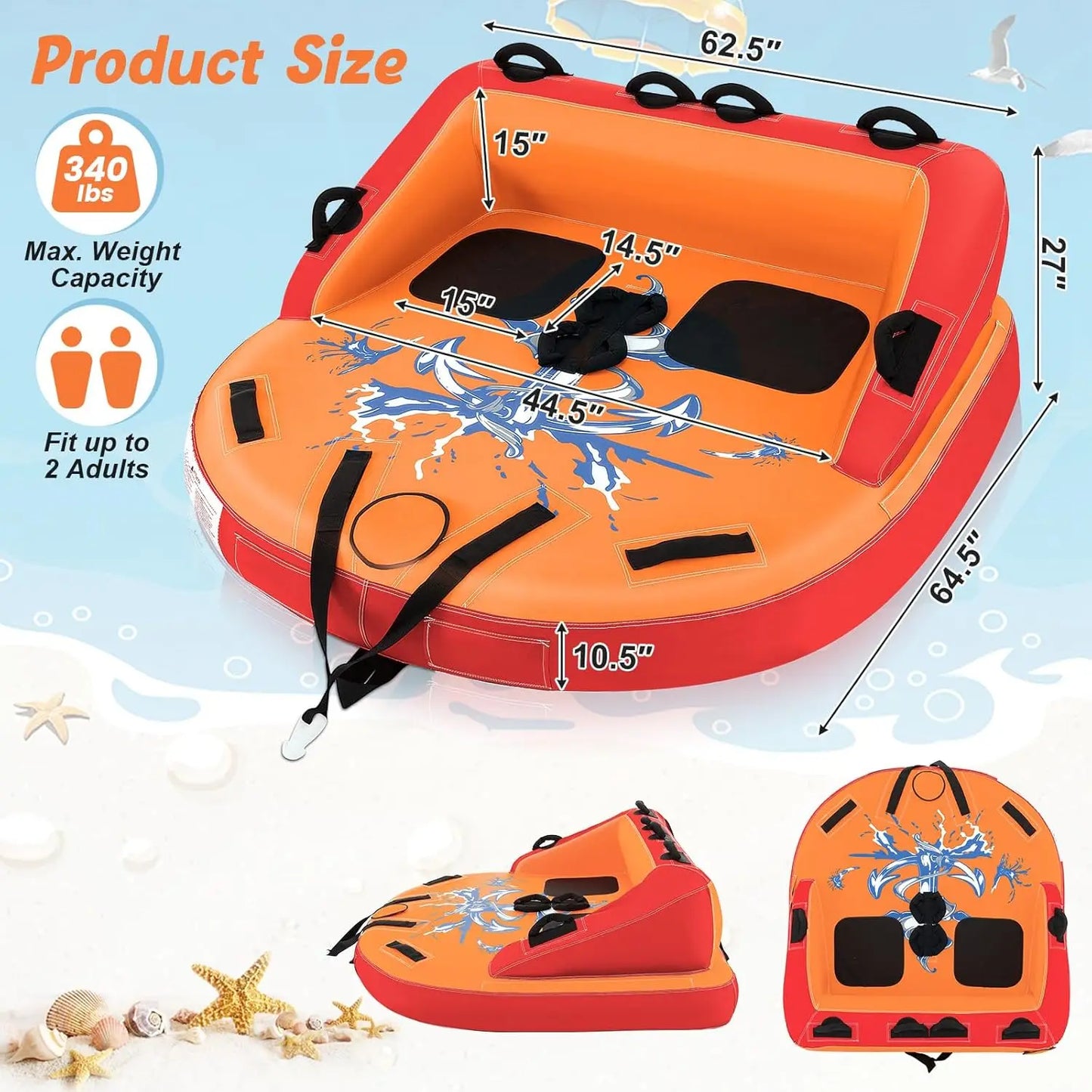 Inflatable Towable Tubes for Boating 1-2 Riders Water Sport Towables for Boat Pulling