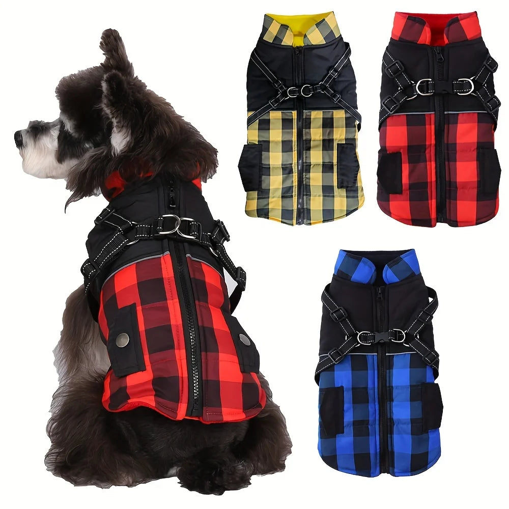 Plaid Thicken Padded Pet Dog Jacket With Harness For Cold Weather Windproof Winter Dog Coat For Small Medium Large Dogs