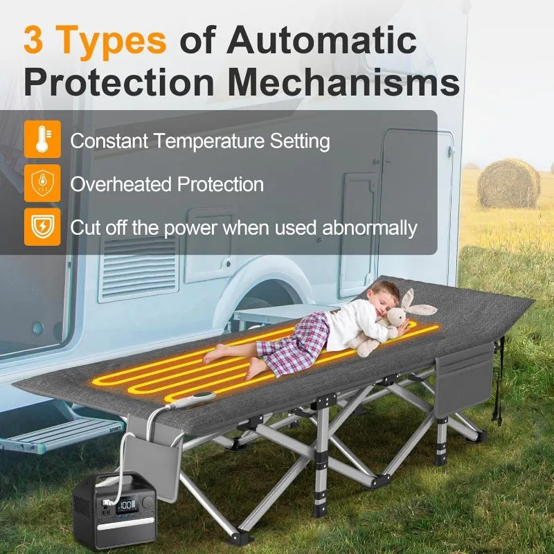 Heated Camping Cot Padded Folding Camping Cot for Adults 1200D Double Layer Sleeping Cot Bed for Office or Patio