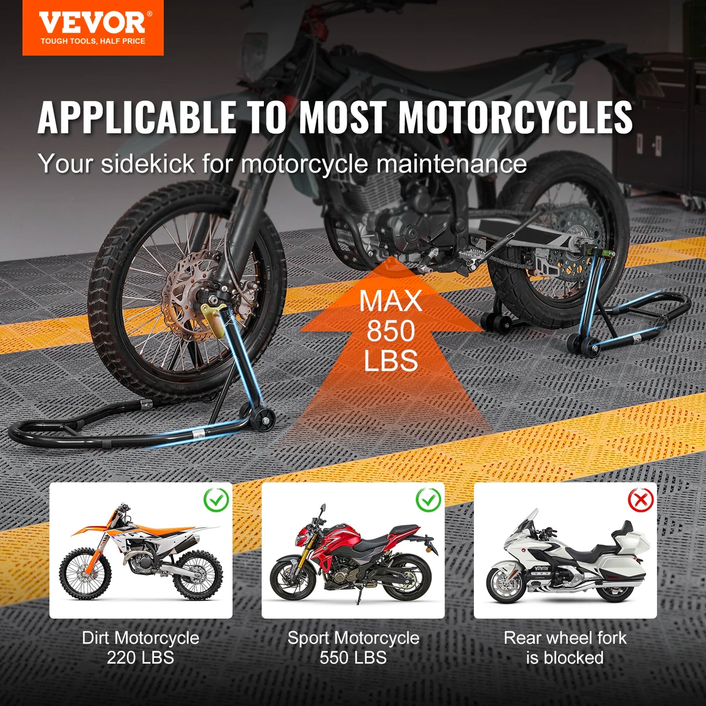 VEVOR Motorcycle Stand Lift 850 Pounds Front Rear Combo Heavy Duty Fork Stand