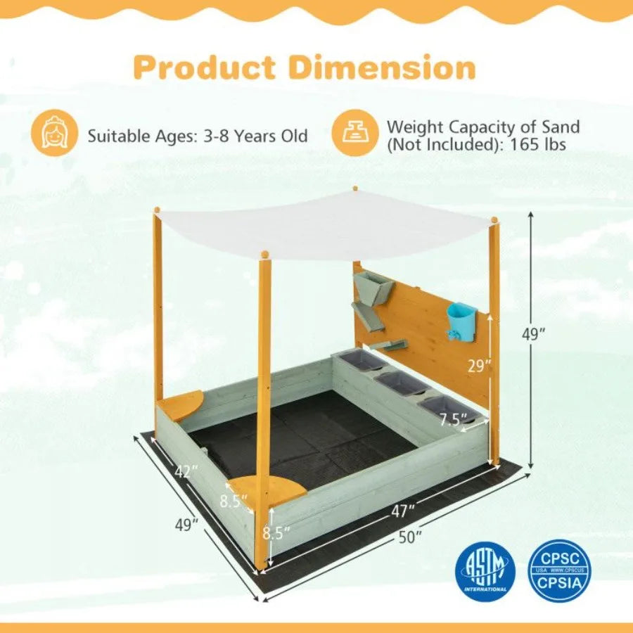 Sandbox with Sand Wall and Removable Canopy for Ages 3 and Up