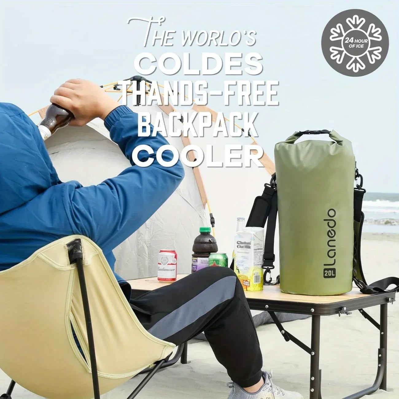 Lanedo Round Barrel Collapsible Backpack Cooler Waterproof Hands Free Cooler Bag 24 Hours Cooling Soft Sided Cooler