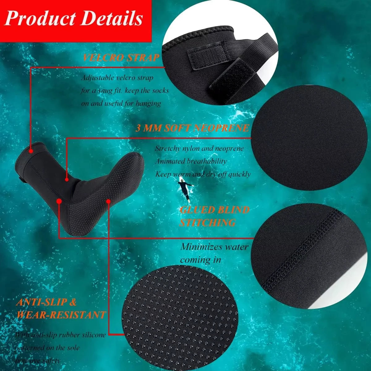 1 Pair Wetsuit Socks 3mm Neoprene Diving Socks Thermal Anti-Slip Scuba Socks Water Booties for Swimming Water Sports Pool shock