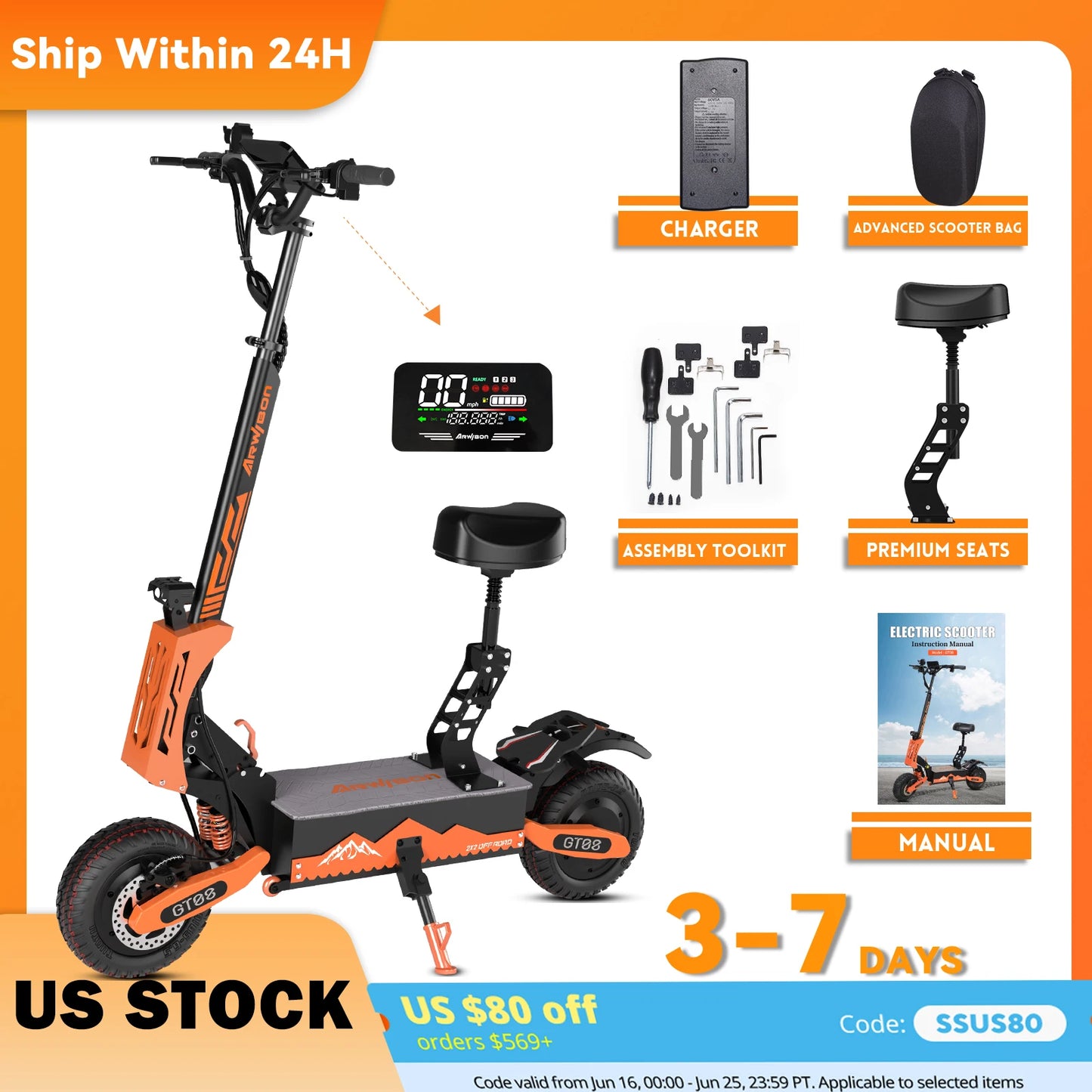 Arwibon 5600W Adult Electric Scooter Dual Motor Top Speed 46MPH 60V 27AH 11 Inch Off Road Tires Sport Folding eScooter with Seat