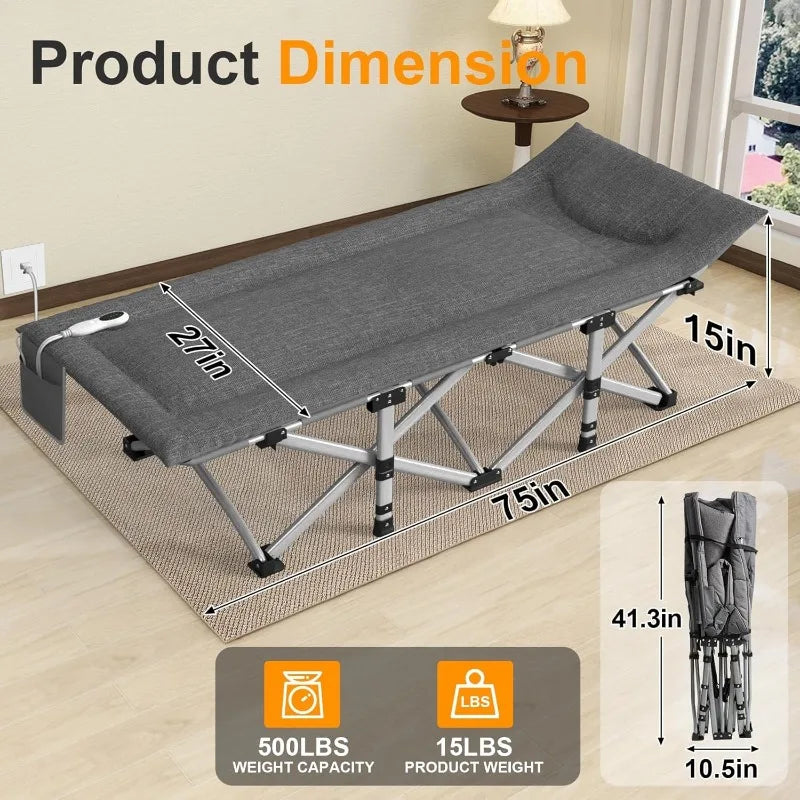 Heated Camping Cot Padded Folding Camping Cot for Adults 1200D Double Layer Sleeping Cot Bed for Office or Patio