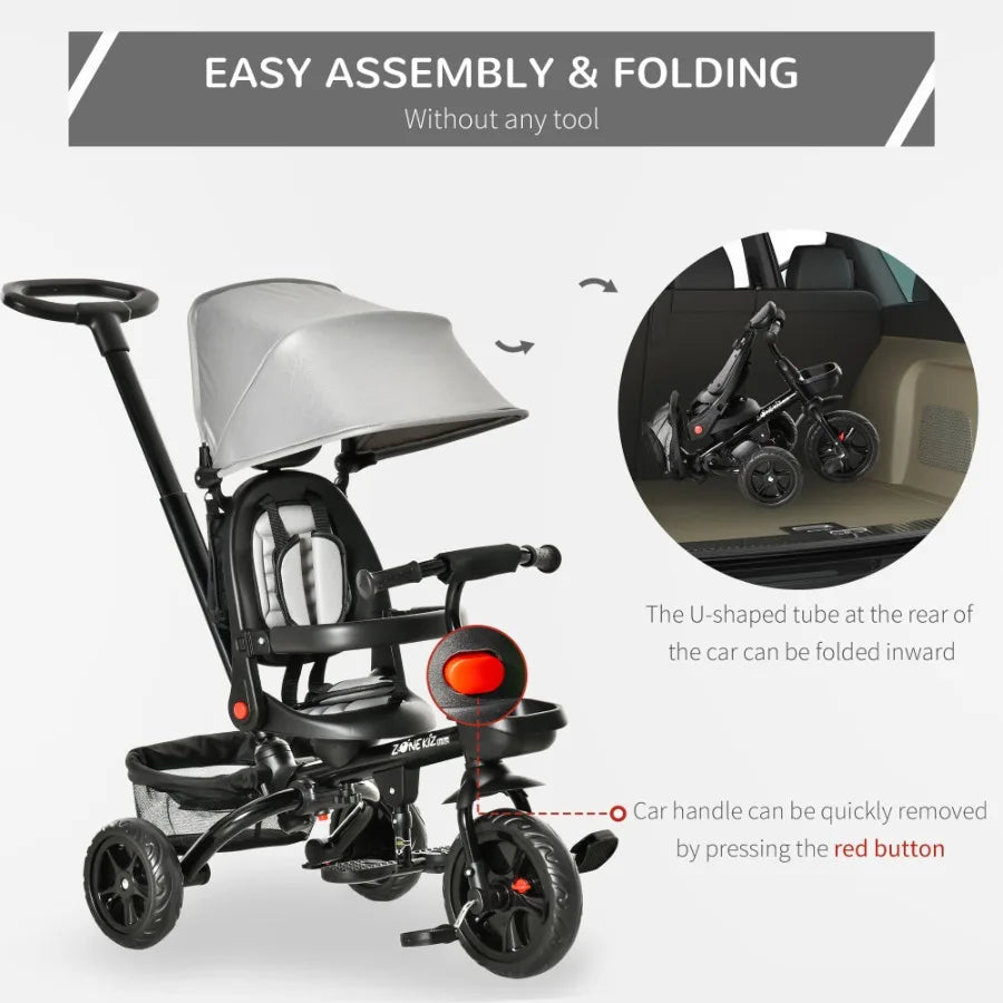 Baby Tricycle 4 In 1 Trike With Reversible Angle Adjustable Seat Removable Handle Canopy Handrail Belt Storage Footrest Brake