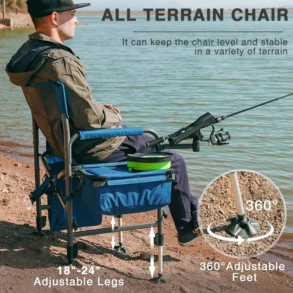 Fishing Chair with Rod Holder and Cooler All Terrain Ice Fishing Chair with Adjustable Feet Mesh Back and Shoulder Strap