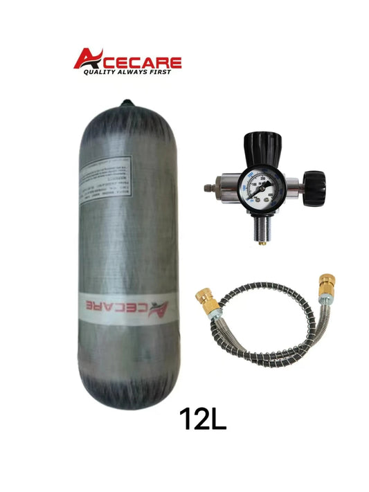 Acecare 4500Psi 300Bar 12L Carbon Fiber High Pressure Air Tank HPA Fill Station with Regulating Valve for Scuba Diving M18X1.5