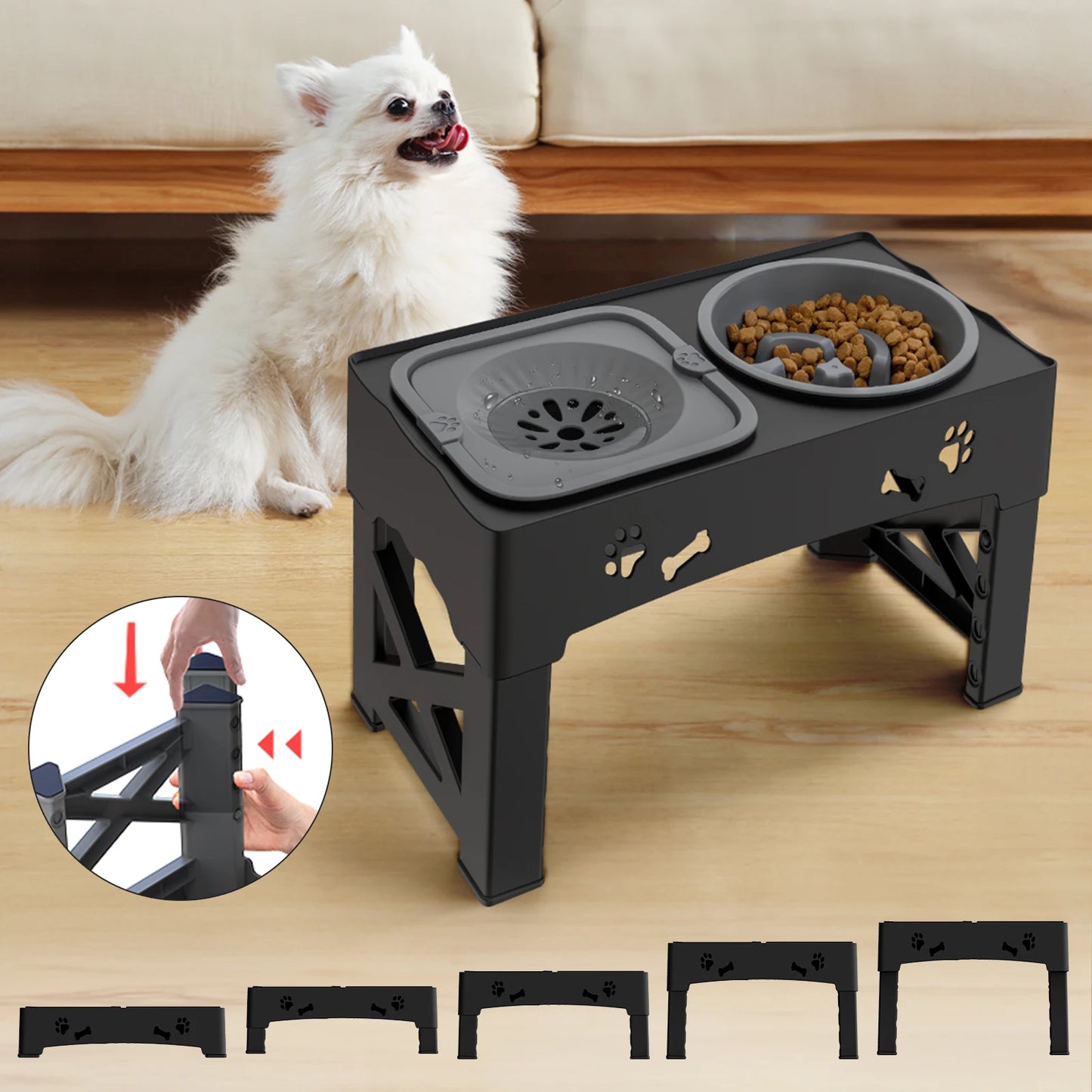 3 In 1 Pet Feeder Slow Feed Bowls Double Bowls Foldable With 5 Adjustable Heights Suitable For Different Sized Pets