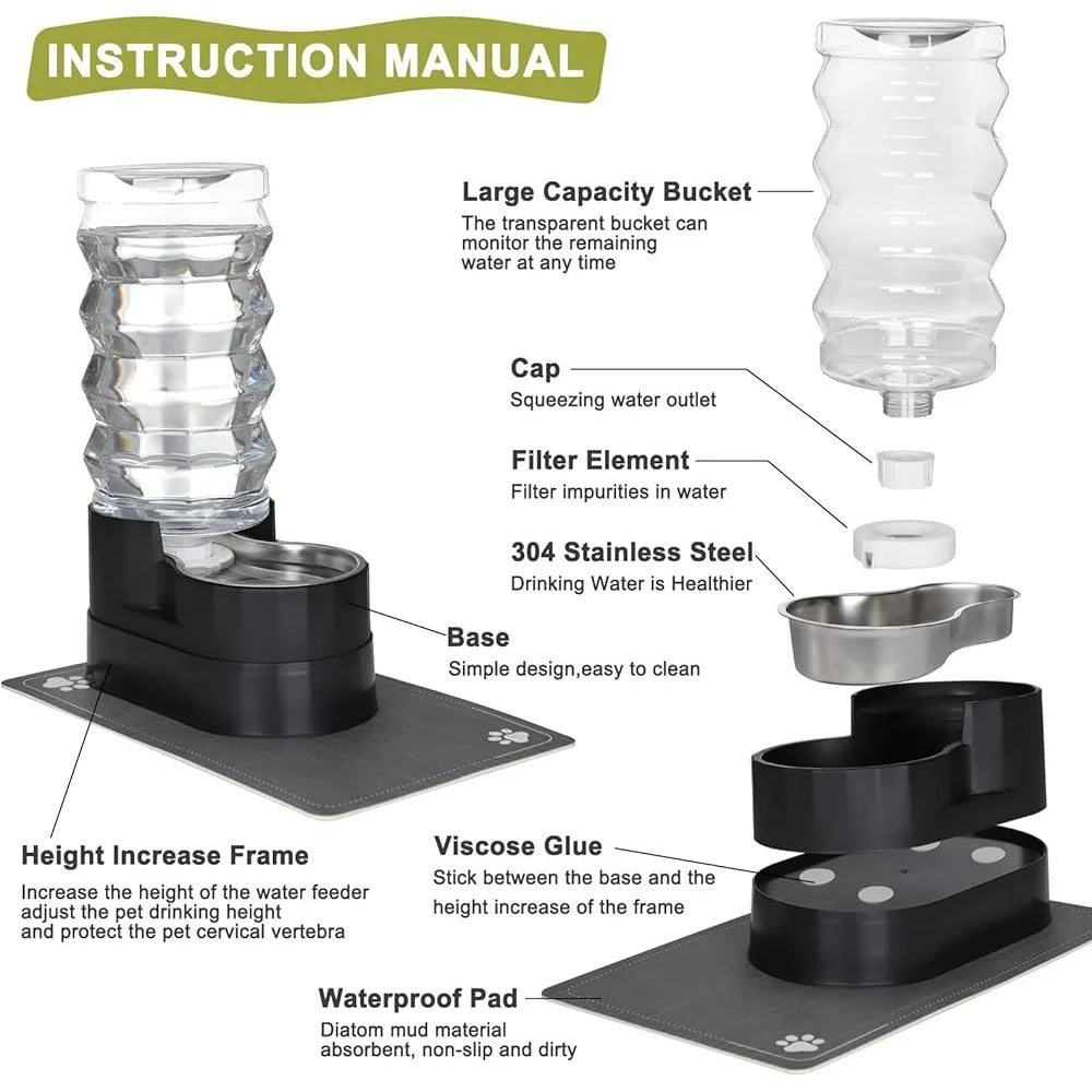 9L Raised Cat Dog Water Fountain Gravity Fed Stainless Steel Water Feeder Easy Refill Large Capacity Busy Pet Owners