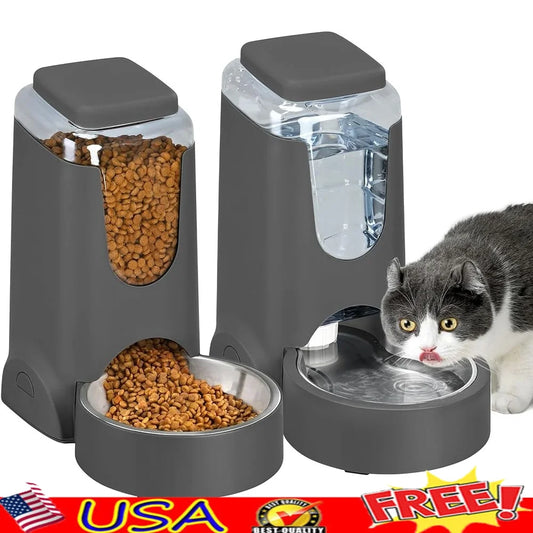2 Pack Automatic Cat Feeder and Dog Waterer Stainless Steel Gravity Food Dispenser Easy Clean Pet Supply for Small and Medium Animals