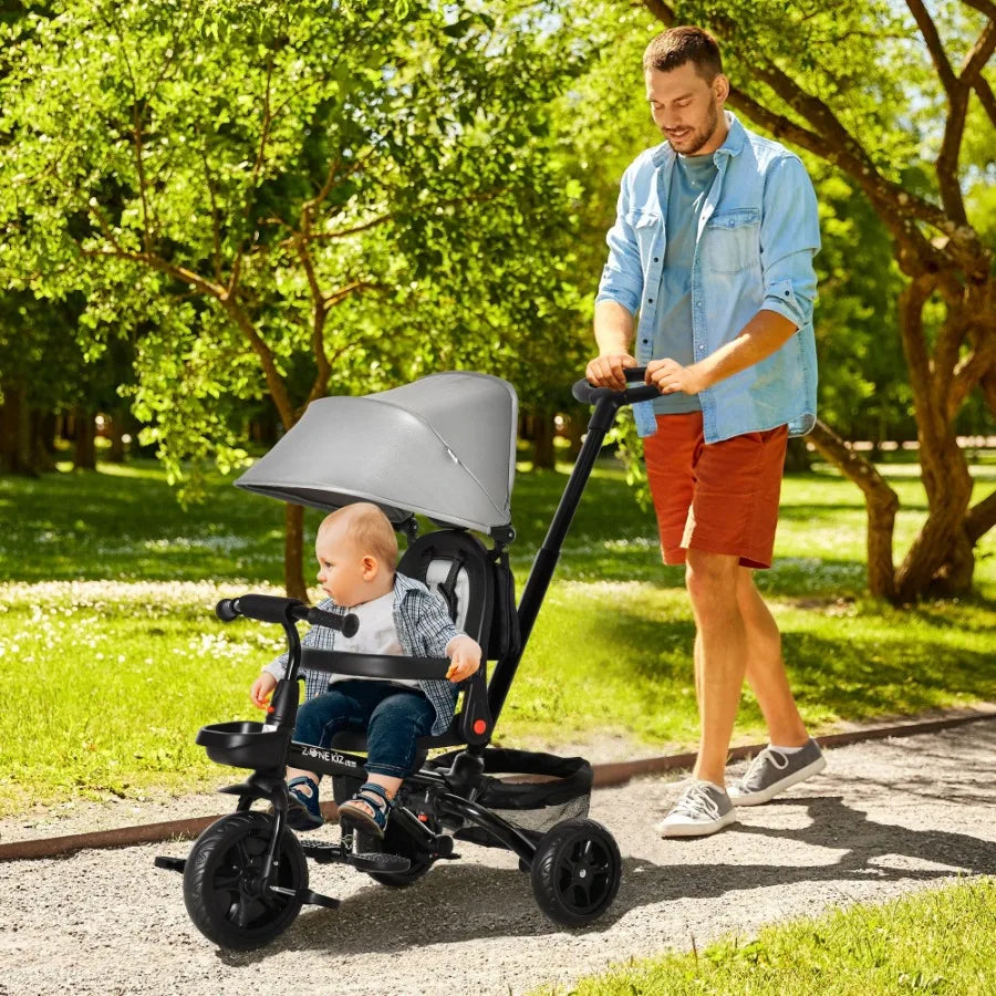 Baby Tricycle 4 In 1 Trike With Reversible Angle Adjustable Seat Removable Handle Canopy Handrail Belt Storage Footrest Brake