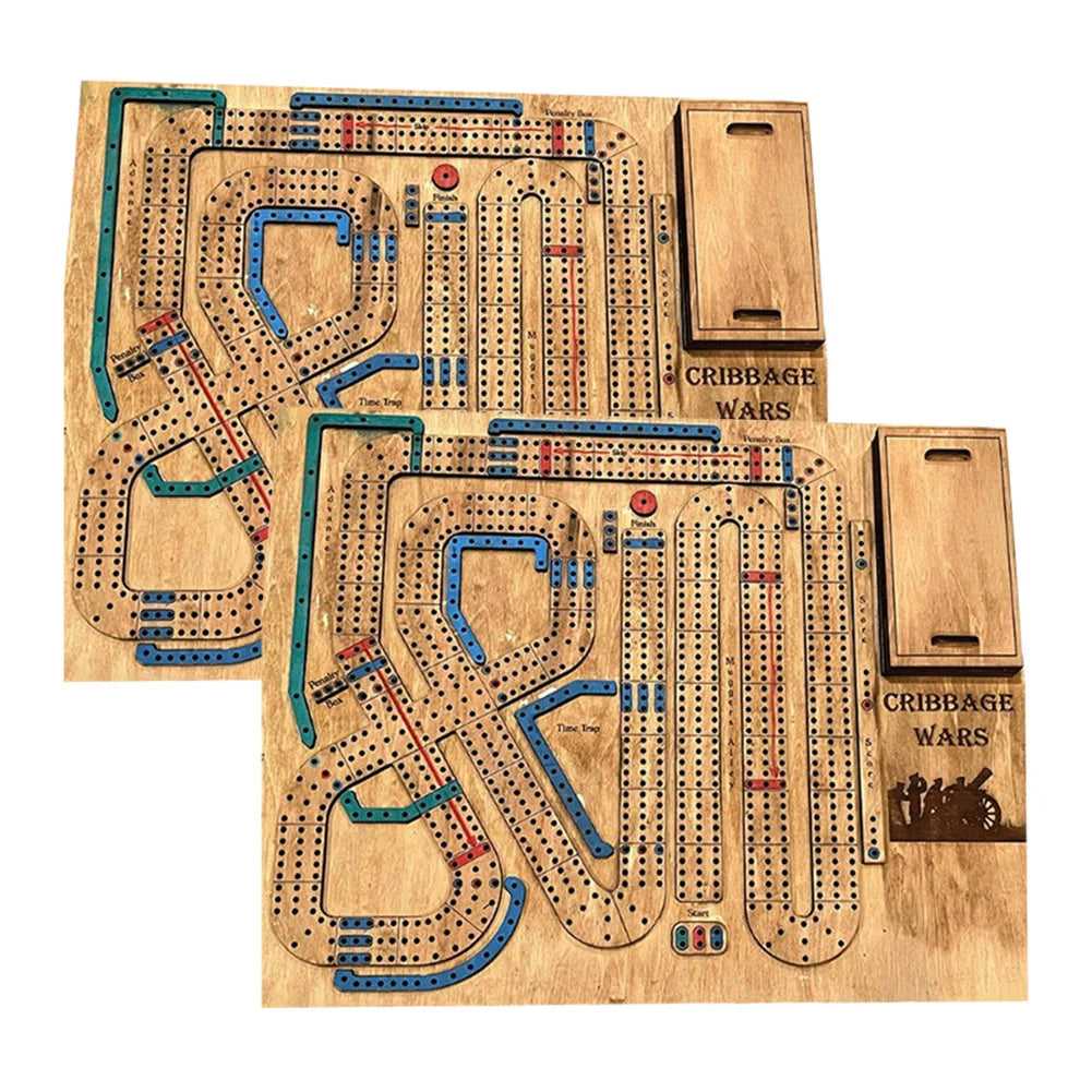 Wooden Cribbage Wars Board Game Set with Built-In Storage Compartment for Pegs Fun Family Table Game