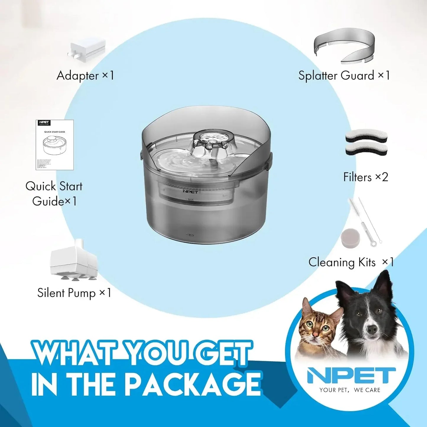 NPET Dog Water Fountain, 2 Gallon/270oz/8L Large Automatic Dog Water Dispenser with Splatter Guard for Large Dogs Multiple Pets