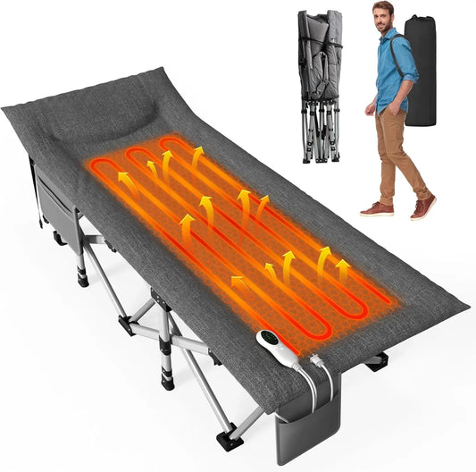 Heated Camping Cot Padded Folding Camping Cot for Adults 1200D Double Layer Sleeping Cot Bed for Office or Patio
