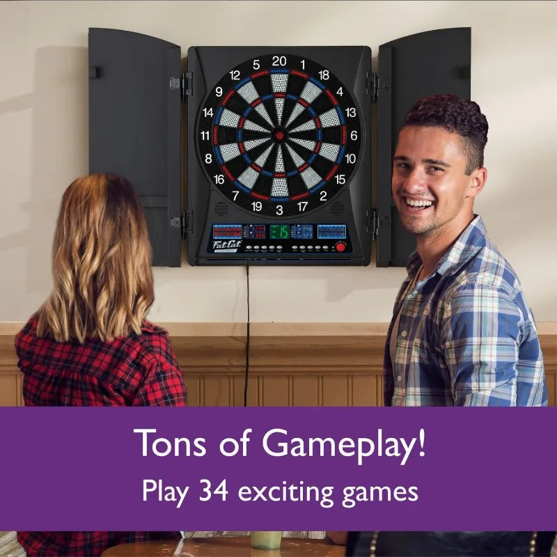 Fat Cat Electronx Electronic Dartboard Compact Size Over 35 Games with 167 Options Built-In Cabinet and Dart Storage