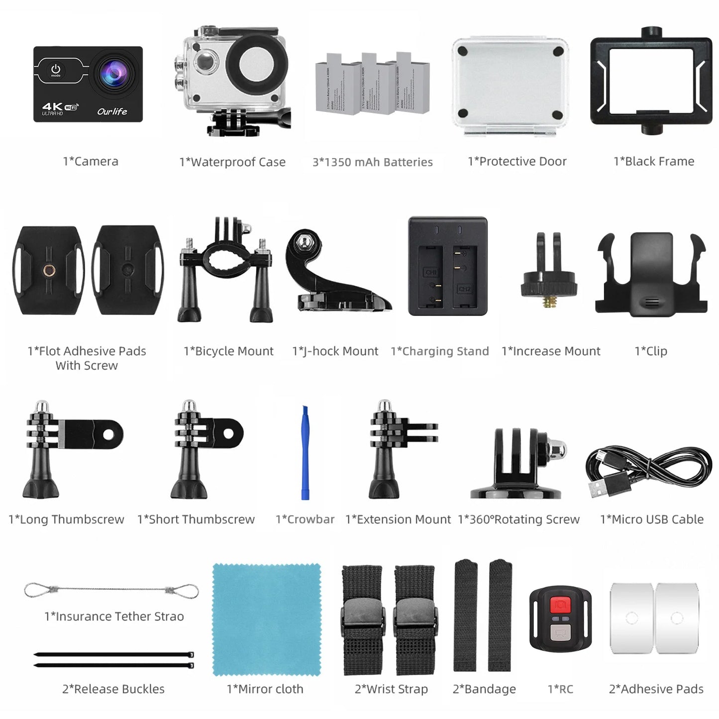4K Action Camera Ultra HD WiFi 2 Inch Screen 30M Waterproof Sports Video Camera with 3 Batteries