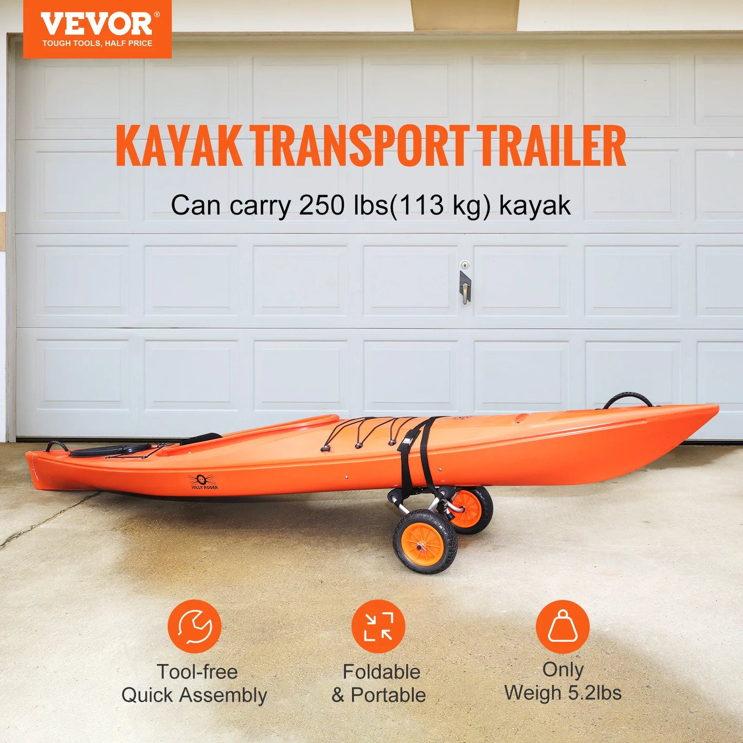 VEVOR Kayak Cart 250lbs Foldable Canoe Trolley with 10 Inch Tires Support Foot for Paddleboards Jon Boats and Float Mats