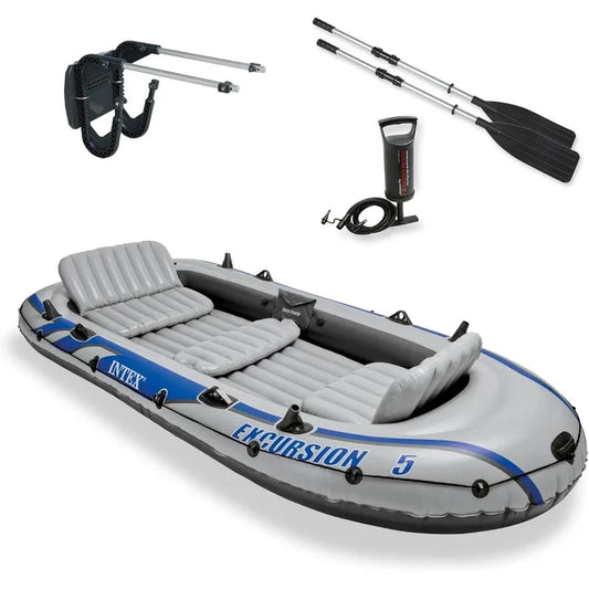 Intex Excursion 5 Person Inflatable Fishing Raft Boat Set with 2 Aluminum Oars and Air Pump