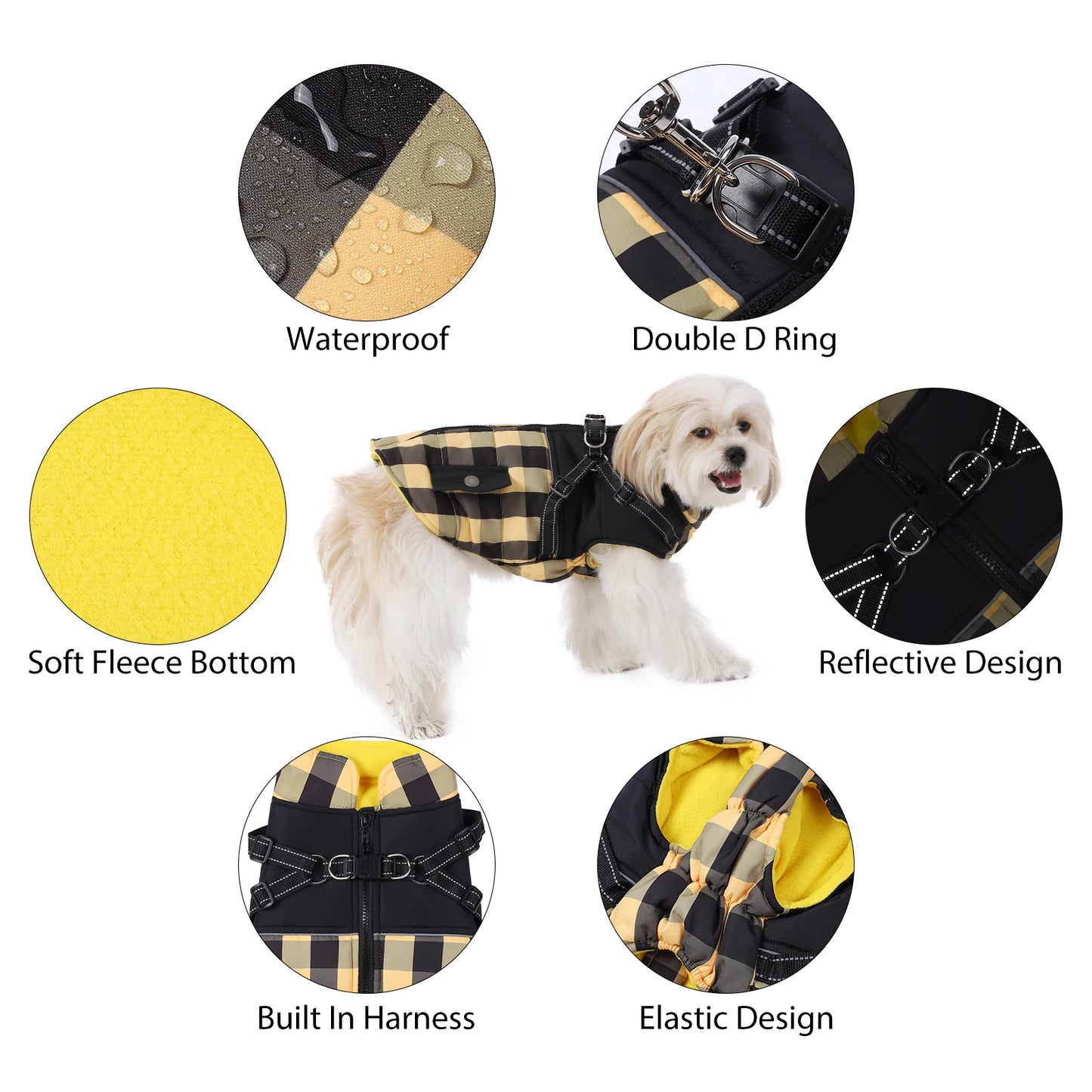 Plaid Thicken Padded Pet Dog Jacket With Harness For Cold Weather Windproof Winter Dog Coat For Small Medium Large Dogs