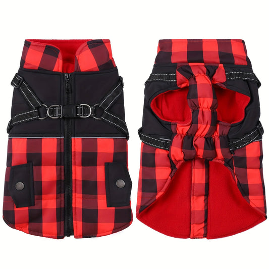 Plaid Thicken Padded Pet Dog Jacket With Harness For Cold Weather Windproof Winter Dog Coat For Small Medium Large Dogs