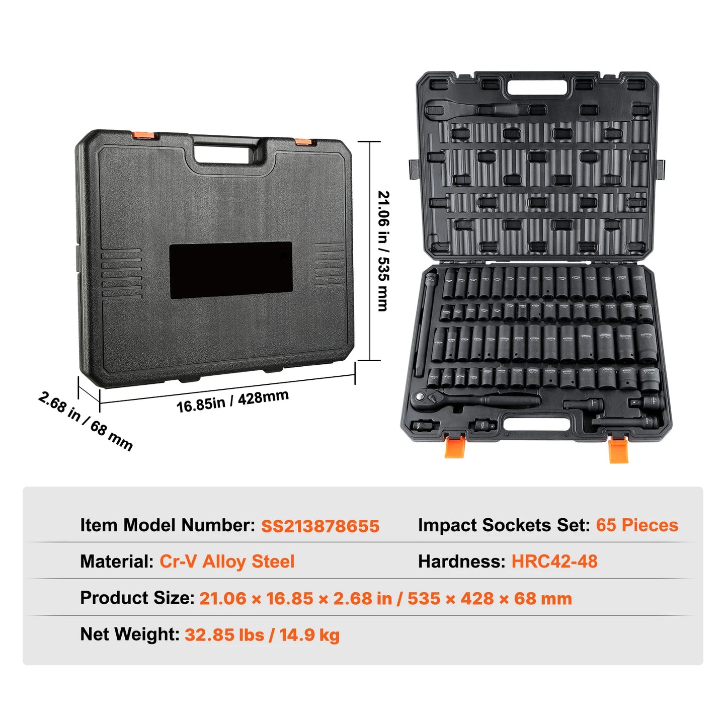 SucceBuy 1/2 Inch Drive Impact Socket Set 65 Piece Cr-V Alloy Steel with Easy to Read Size Markings for Auto Repair