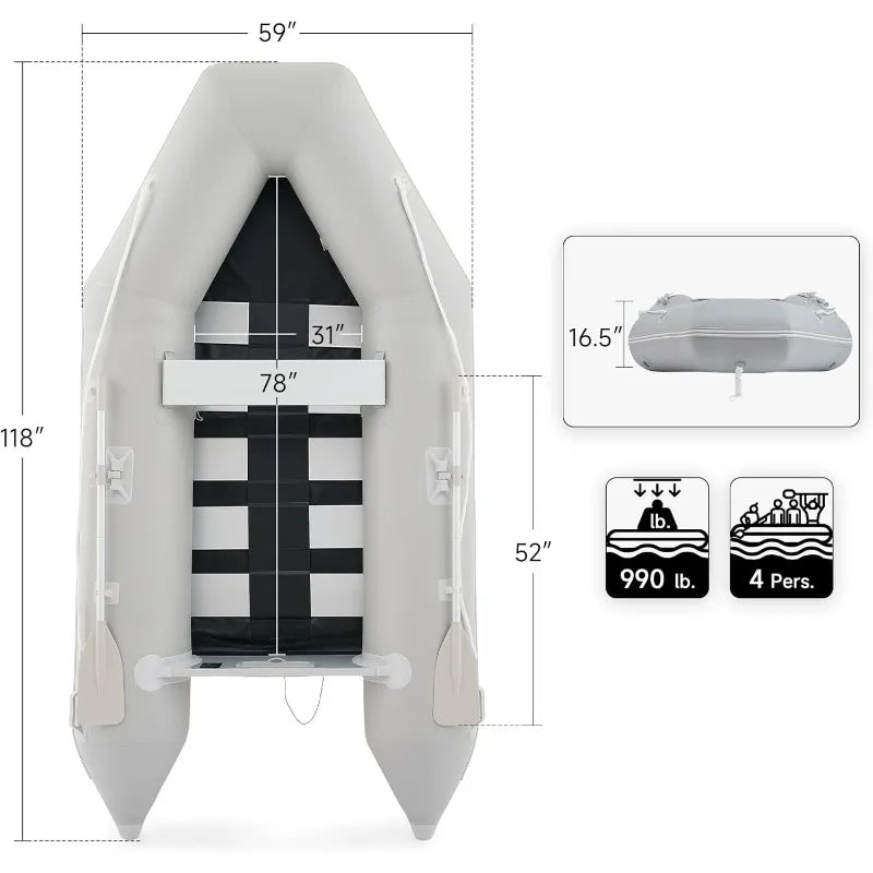 CREWORKS 10ft Inflatable Dinghy Boat, 4 Person 990lb Transom Sport Tender Boat with Pump Aluminum Oars Floor, Heavy Duty