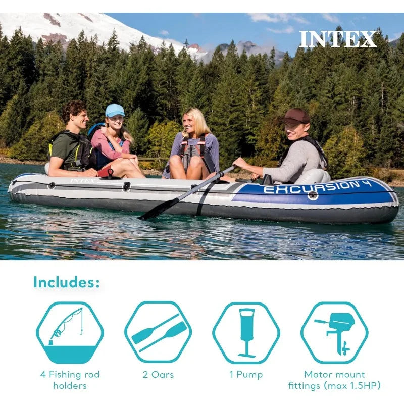 Intex Excursion 5 Person Inflatable Fishing Raft Boat Set with 2 Aluminum Oars and Air Pump