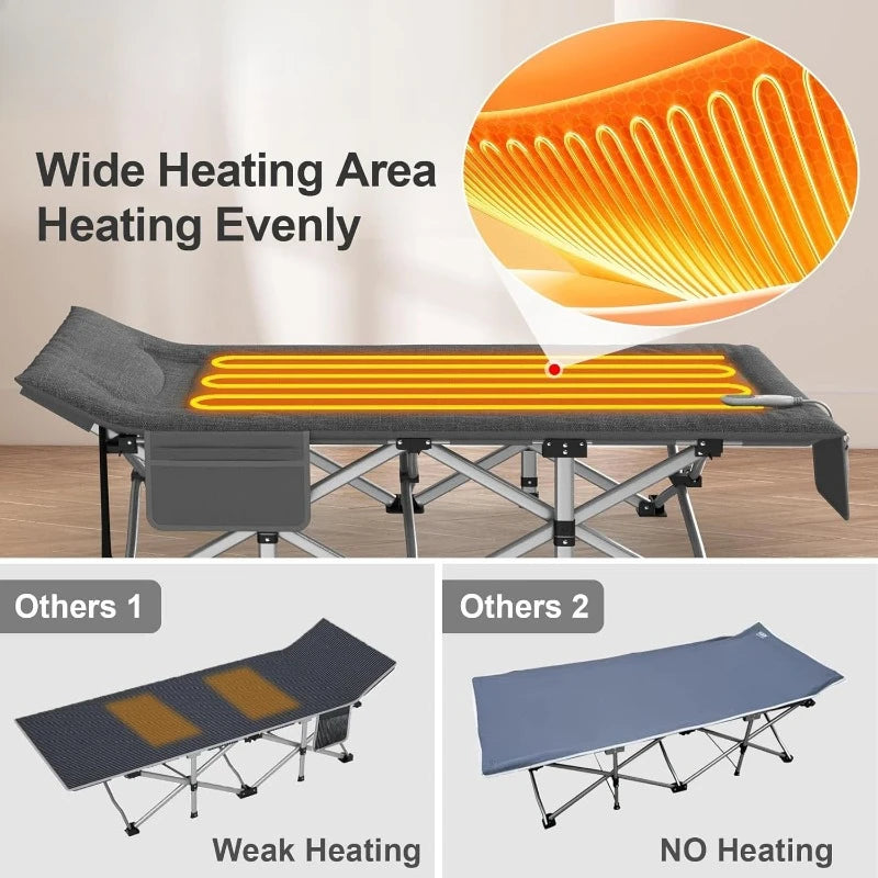 Heated Camping Cot Padded Folding Camping Cot for Adults 1200D Double Layer Sleeping Cot Bed for Office or Patio