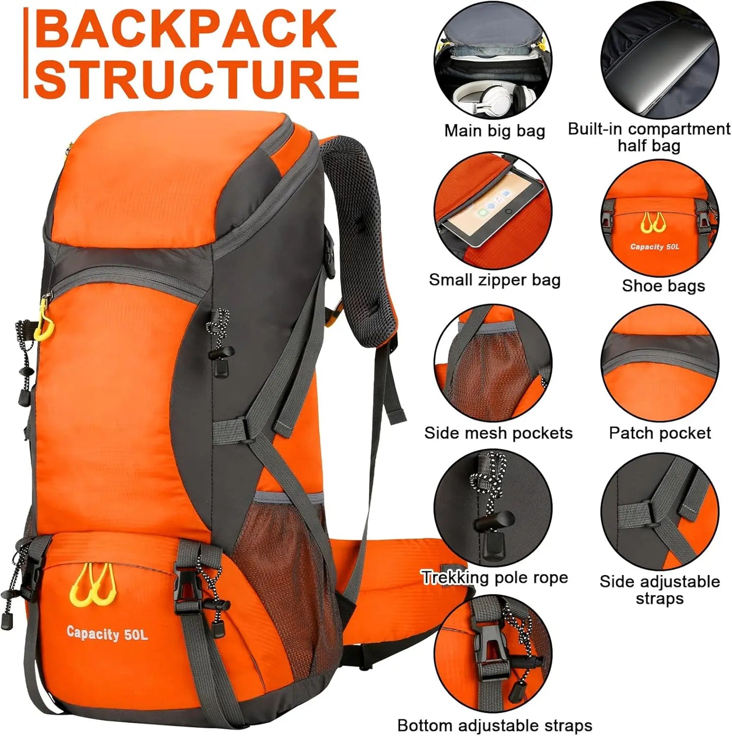 Hiking Backpack Waterproof 50L Lightweight Travel Backpack with Rain Cover for Camping Trekking and Outdoor Sports