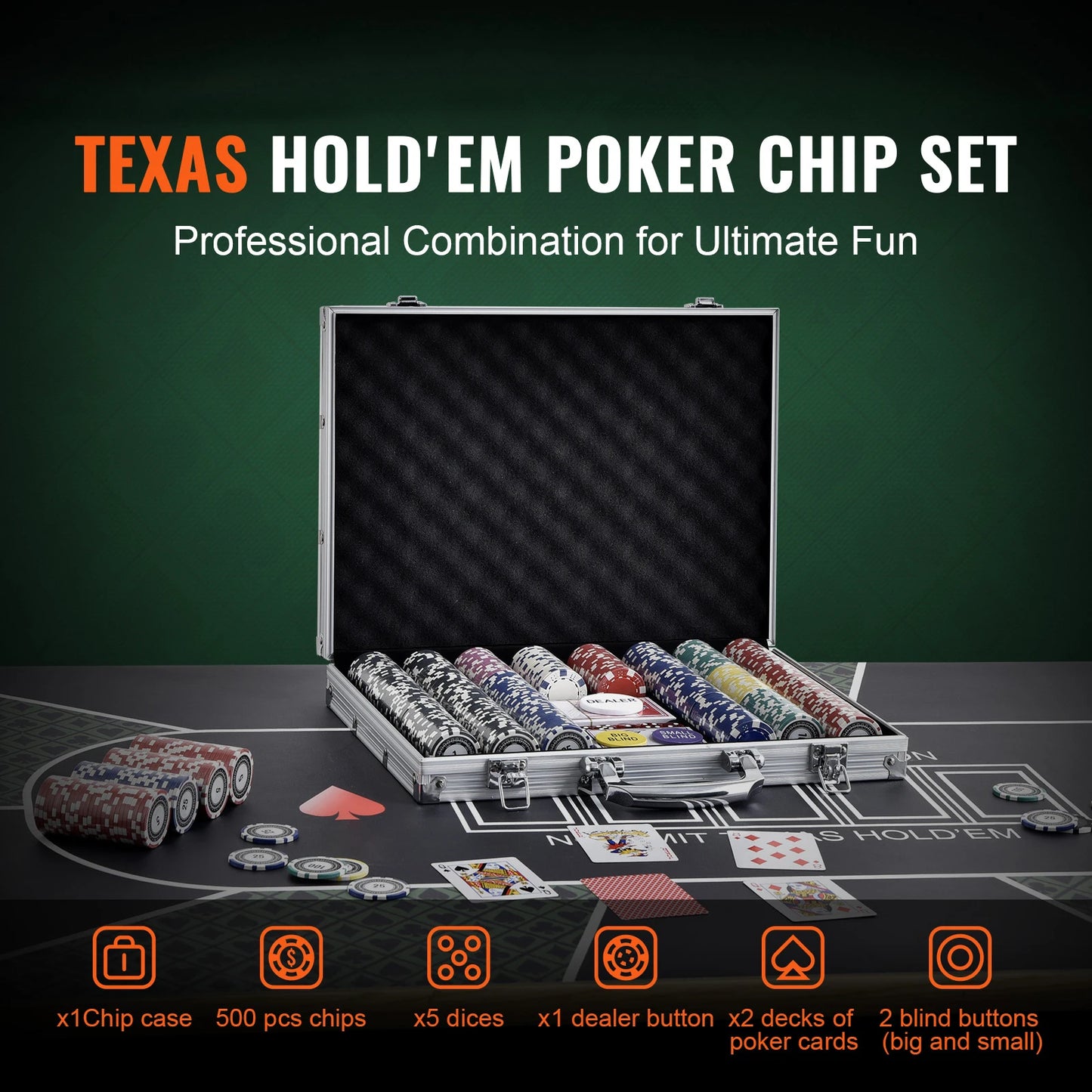 SucceBuy 500 Piece Poker Chip Set Complete Poker Playing Game Set with Aluminum Carrying Case for Texas Hold Em and Blackjack