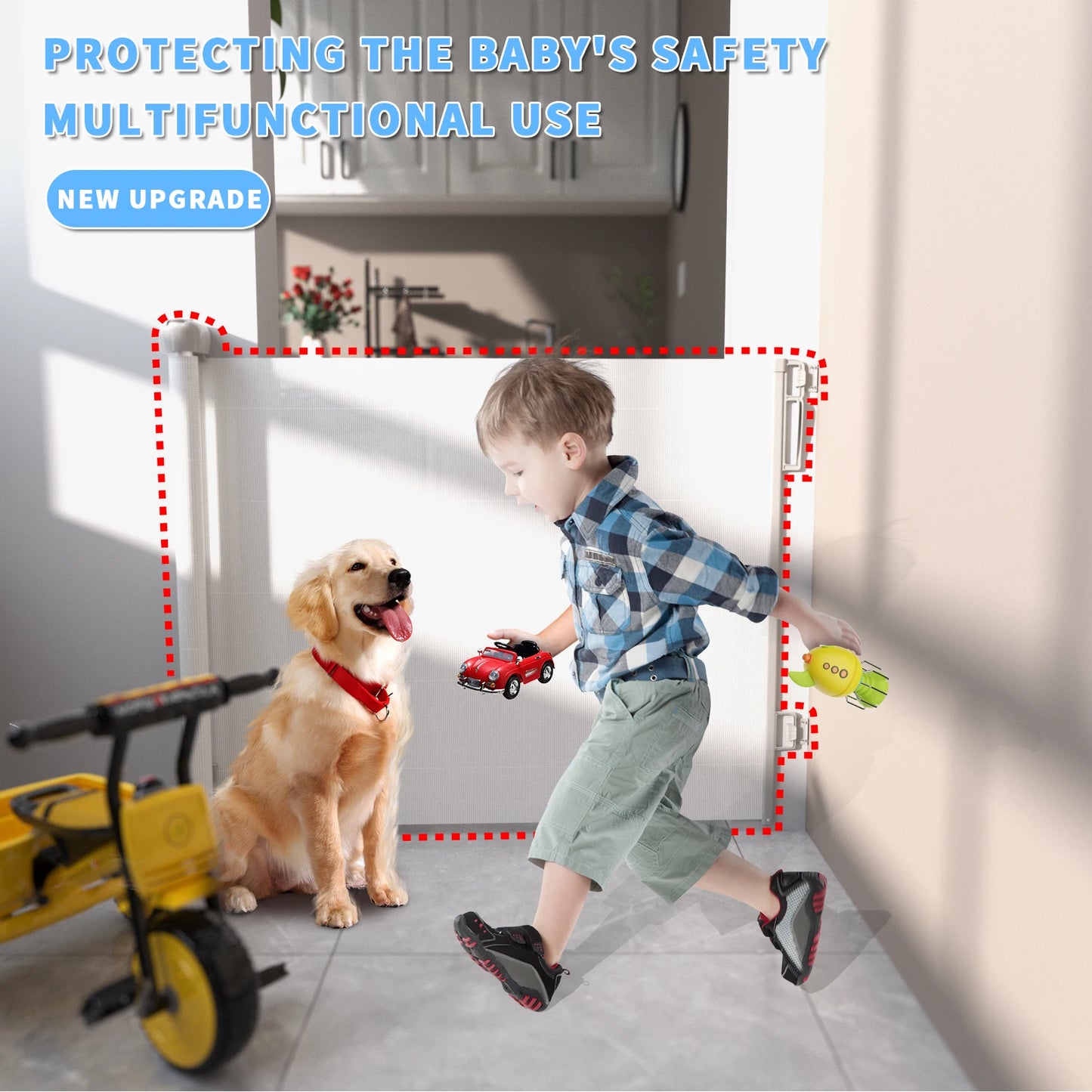Extra Wide Kids Pets Gate Retractable Dog Gate for Babies and Pets, White Child Baby Gates, One Handed Operation Mesh Safety
