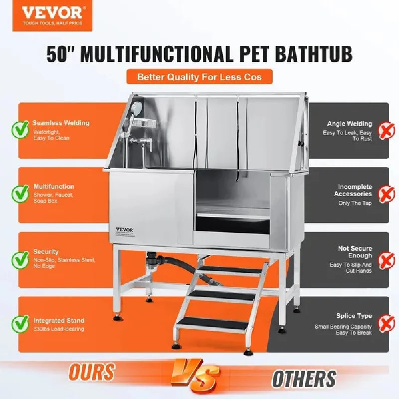 VEVOR 50" Pet Dog Bathing Station w/Stairs, Professional Stainless Steel Dog Grooming Tub w/ Soap Box, Faucet,Rich Accessory, Do